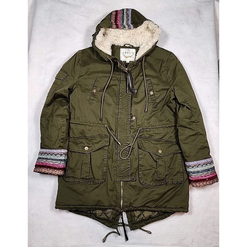 BNCI AVA PARKA COAT JACKET WOMENS KHAKI GREEN Faux Fur Sz S Oversized (READ)